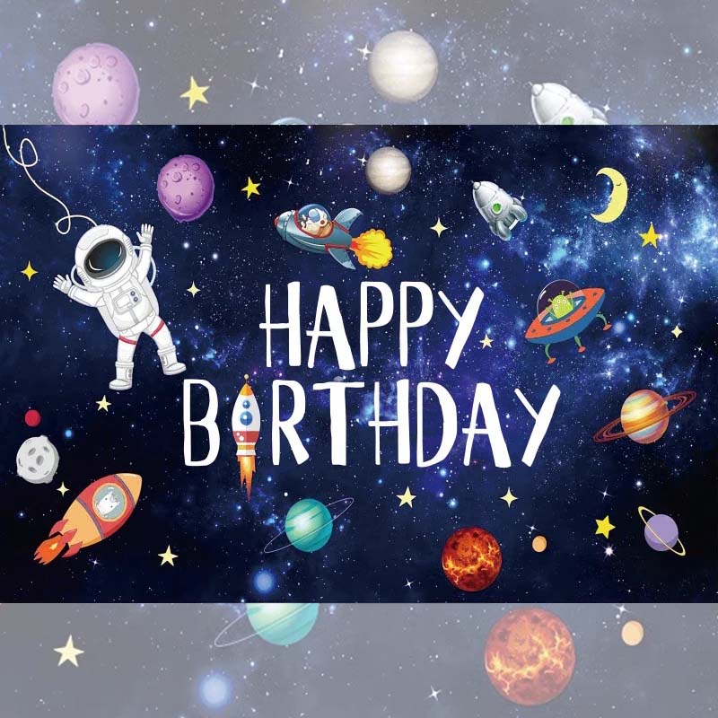Space-themed birthday banner with planets, stars, and an astronaut.