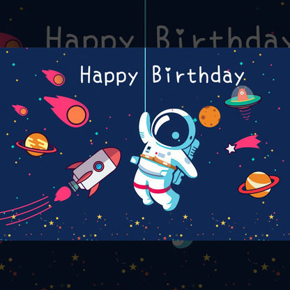 Happy Birthday backdrop with an astronaut, planets, and a rocket in space-themed design.