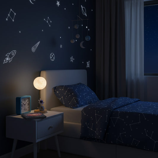 Children's bedroom with star and constellation decals on the wall, night light, and matching bedding.