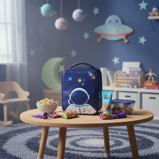 Space-themed lunch bag on a table with snacks in a child's room