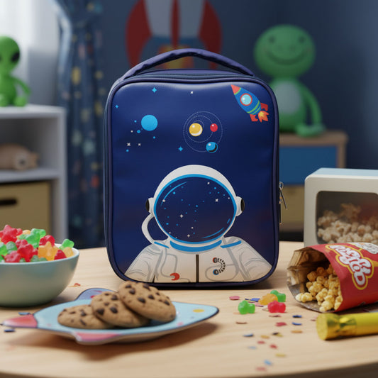 Blue lunch bag with astronaut design on a table with snacks