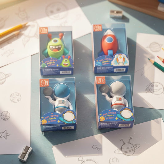 Children's erasers in packaging on a desk with coloring sheets in a bedroom setting