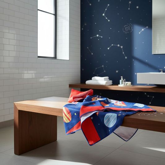 Bathroom with a towel on a wooden bench against a wall with star constellations.